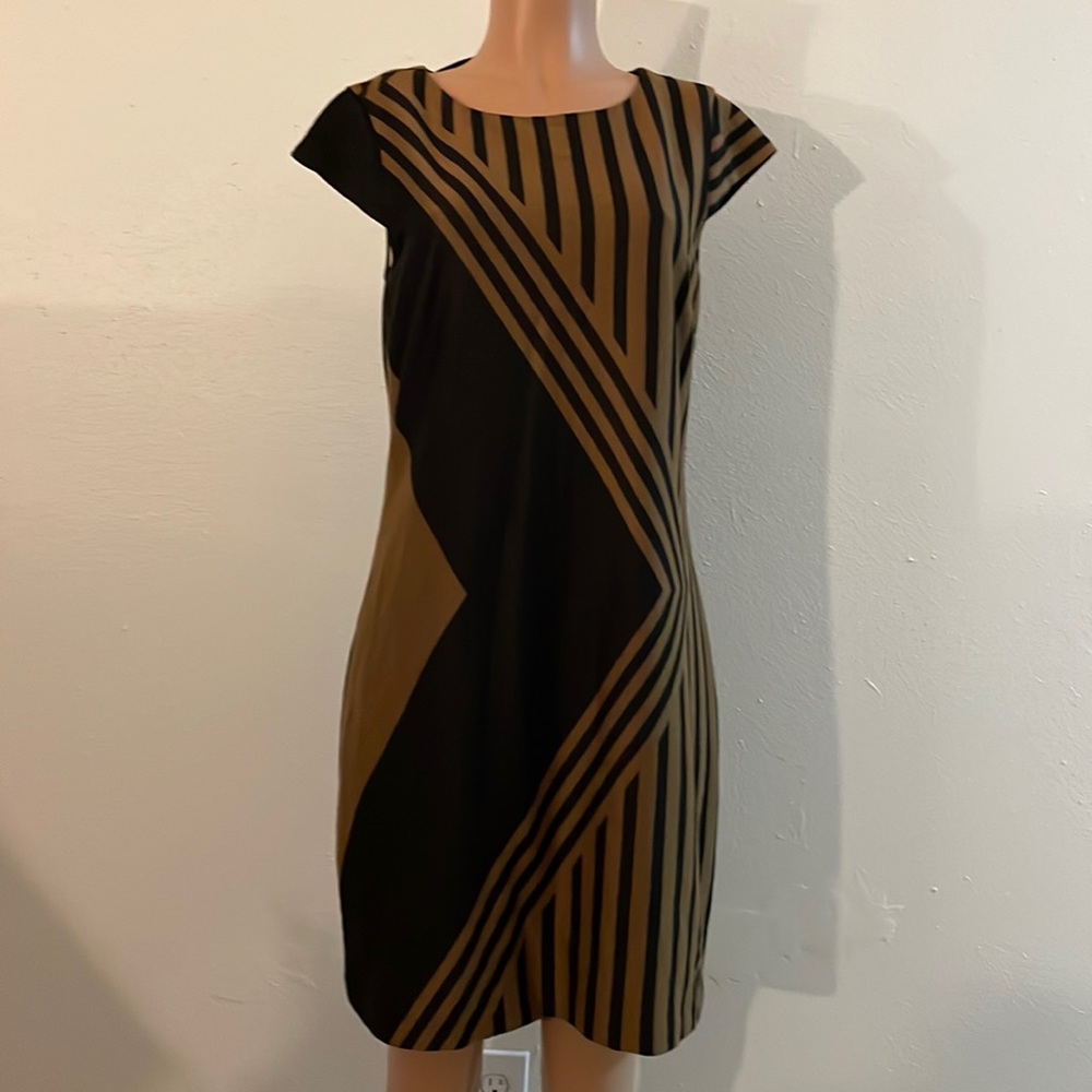 Roz & Ali Dress Geometric Print Sheath Cap Sleeve 12  Striped Crew Side Zipper